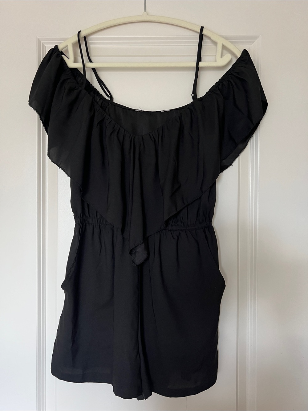 Black Off-Shoulder Ruffle Romper
